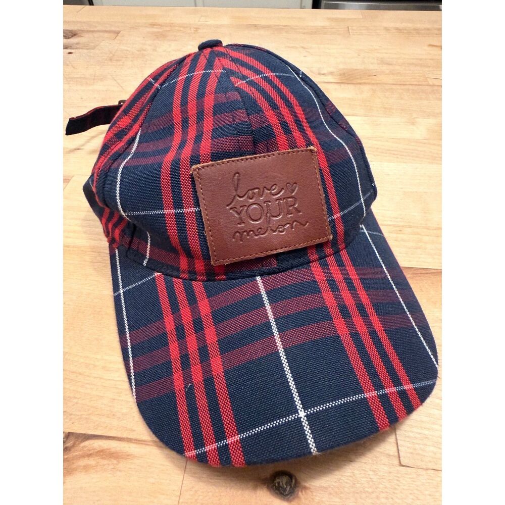 Love Your Melon Plaid Baseball Cap Red Navy Leather Patch Made in USA